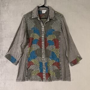 Parsley & Sage Embroidered Button-Front Top Stonewash Gray Womens Sz Large